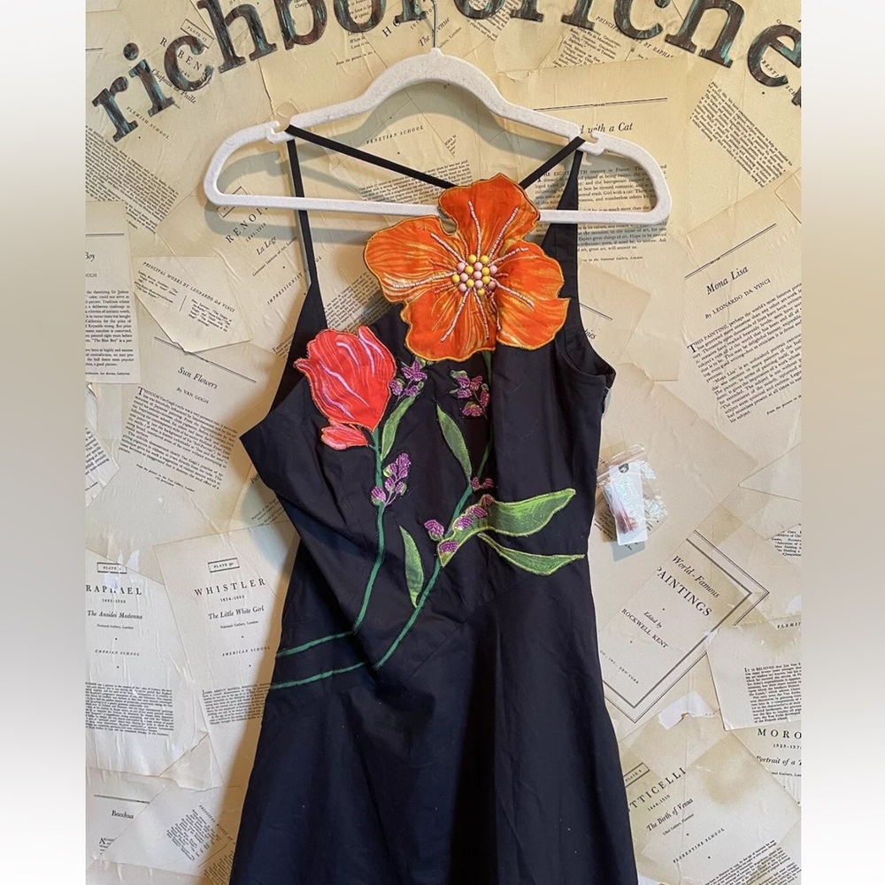 Anthropologie Yukiko Noritake Asymmetrical Floral Midi Dress Black Combo Orange - Picture 8 of 9